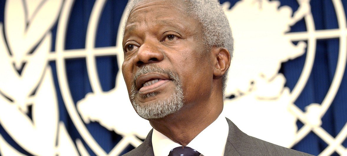 Kofi Annan was the seventh Secretary-General of the United Nations. In this photo from 2003, he is addressing reporters at Headquarters.