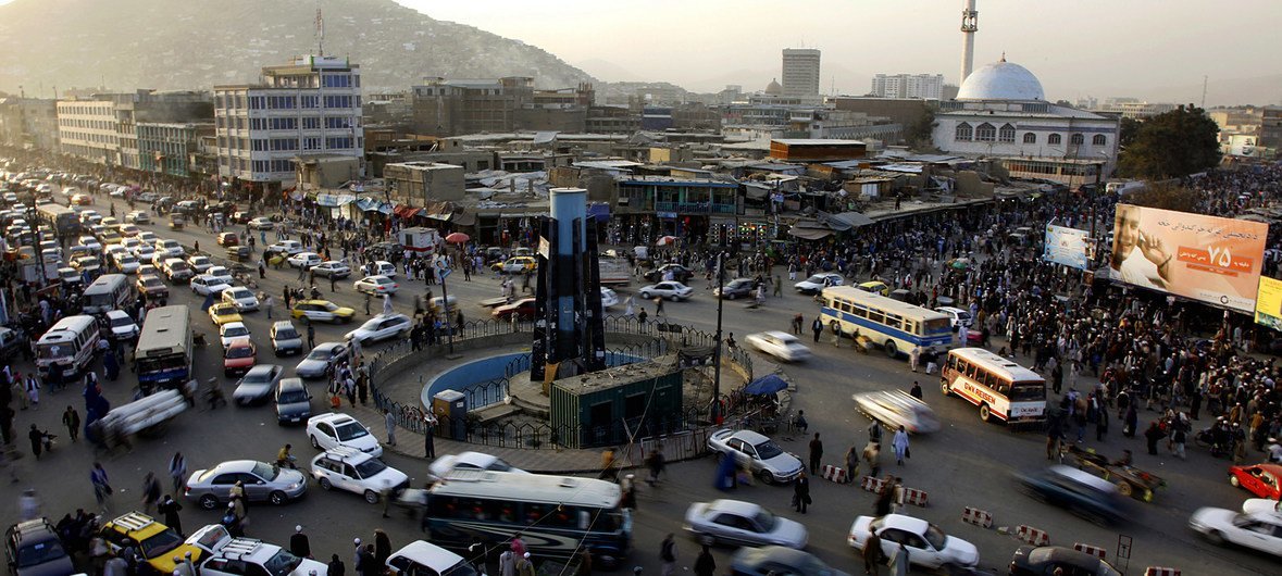 A busy roundabout in Kabul, the capital of Afghanistan; the UN has welcomed a ceasefire for the Eid holiday.