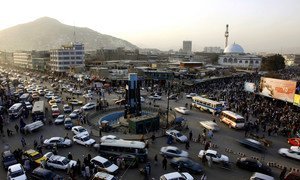 A busy roundabout in Kabul, the capital of Afghanistan; the UN has welcomed a ceasefire for the Eid holiday.