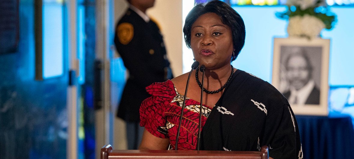 Martha Ama Akyaa Pobee, the Permanent Representative of Ghana to the United Nations, delivers remarks at the signing of the Condolence Book for former UN Secretary-General Kofi Annan, who passed away on 18 August 2018.