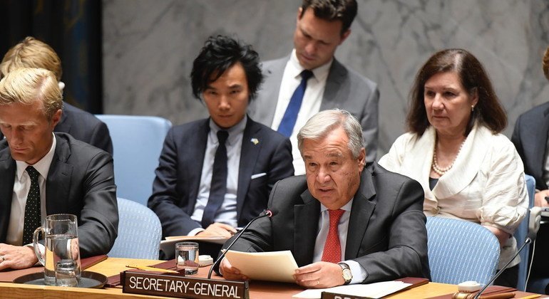  الأمين العام للأمم المتحدة أنطونيو غوتيريش يتحدث أمام مجلس الأمن الدولي في الذكرى السنوية الأولى لأزمة الروهينجا.