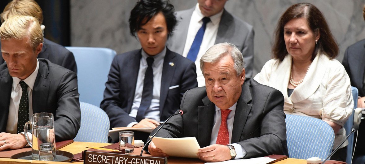 Secretary-General António Guterres addresses the Security Council meeting on the situation in Myanmar. The meeting commemorates the one-year anniversary of the beginning of the Rohingya crisis in 2017.