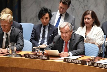 秘书长古特雷斯在安理会关于缅甸局势的会议上发言。这次会议是为了纪念2017年罗兴亚危机暴发一周年。