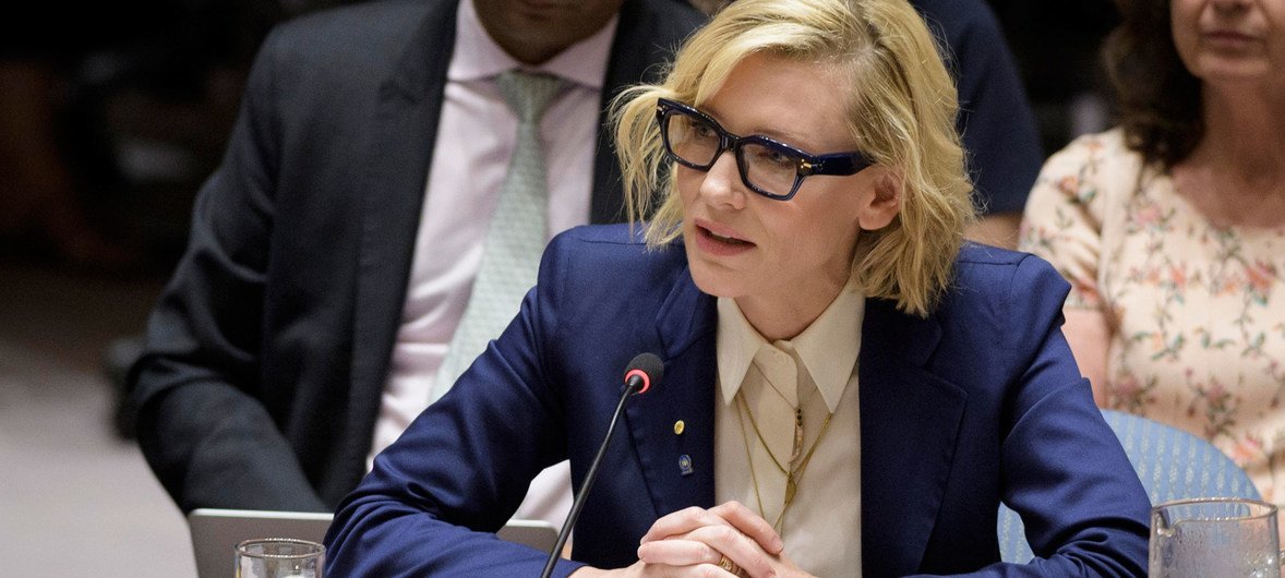 Cate Blanchett, Goodwill Ambassador for the UN High Commissioner for Refugees (UNHCR), addresses the Security Council meeting on the situation in Myanmar.