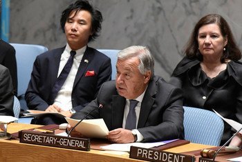 Secretário-geral António Guterres discursando na reunião do Conselho de Segurança que destacou a mediação.