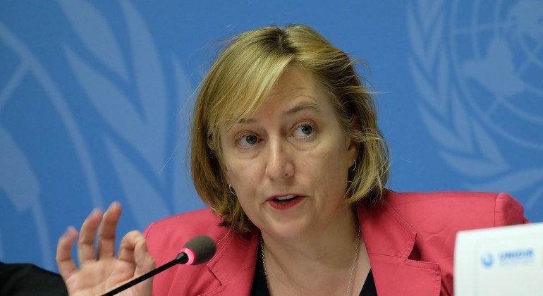 Mary Wareham, Advocacy Director of the Arms Division of Human Rights Watch and ban policy editor of the Cluster Munition Monitor 2018 report, speaks at a press conference to launch the report, United Nations Office at Geneva, 30 August 2018.