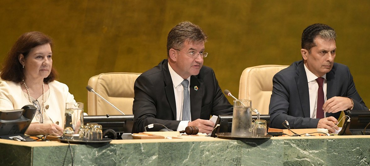 General Assembly President Miroslav Lajčák chairs the High-level Forum on the Culture of Peace on 05 September 2018. At left is Maria Luiza Ribeiro Viotti, Chef de Cabinet to the UN Secretary-General, and at right is Movses Abelian, Assistant Secretary-Ge