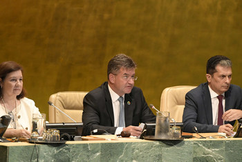 72届联大主席莱恰克于2018年9月5日举行的和平文化为主题的高级别论坛上发言。