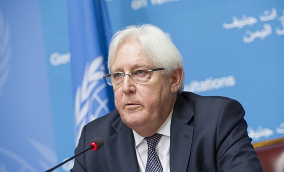 Martin Griffiths, UN Special Envoy for Yemen briefs the press on the Geneva Consultations on Yemen, Palais des Nations. 5 September 2018.