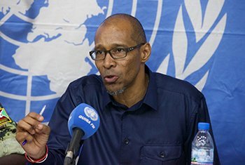 MINUSCA spokesperson, Vladimir Monteiro, at a press conference in the Central African Republic on 2 May 2018.
