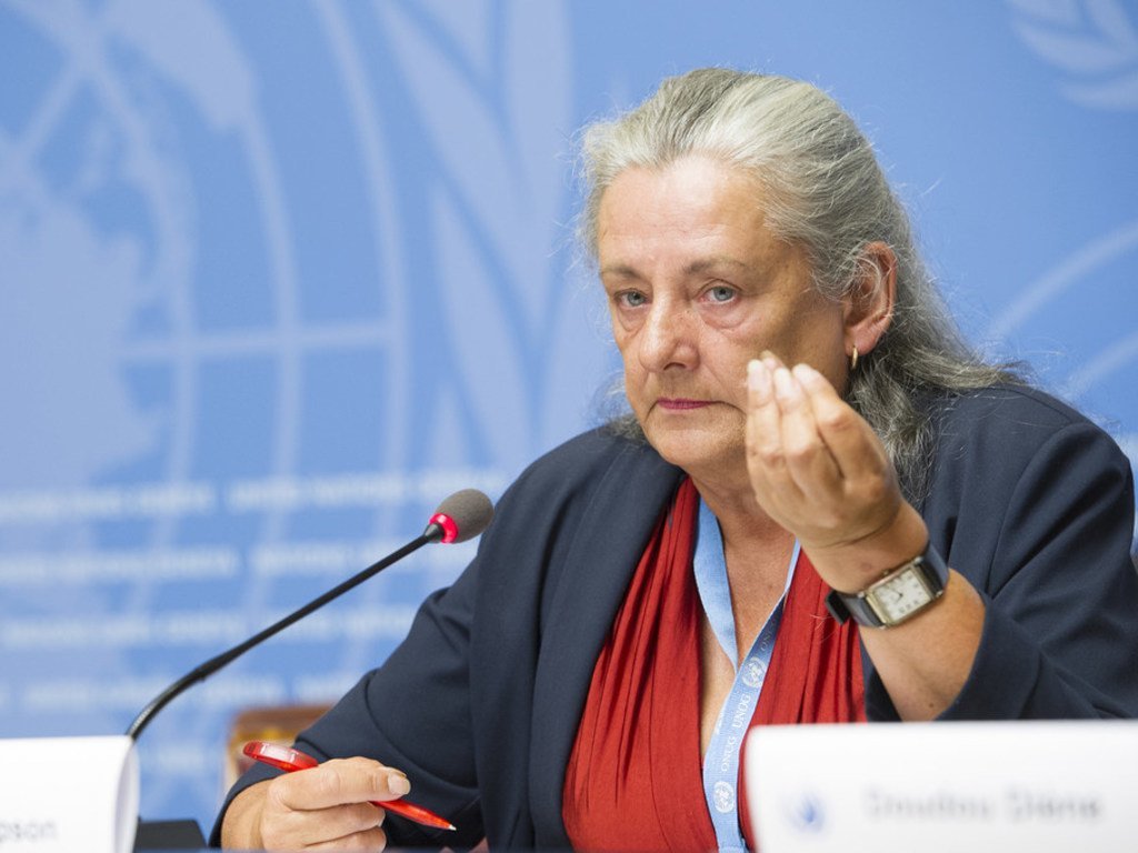 Françoise Hampson, une des membres de la Commission d'enquête de l'ONU sur le Burundi, devant la presse à Genève le 5 septembre 2018.