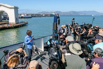 Boyan Slat, the CEO of The Ocean Cleanup, briefs the media ahead of the launch of the first operation to remove plastic pollution from San Francisco Bay and Pacific Ocean.