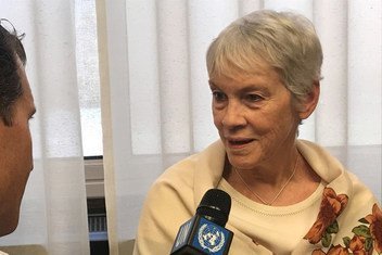 Karen Koning Abuzayd (right), member of the Independent Commission of Inquiry on the Syrian Arab Republic, speaking to UN News's Daniel Johnson (left) on 12 September 2018, at the United Nations Office at Geneva.