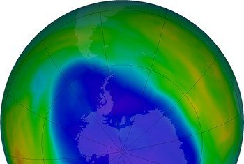 A September 2018 visualization of the ozone layer over the Antarctic pole. The purple and blue colors show areas of most ozone depletion. 