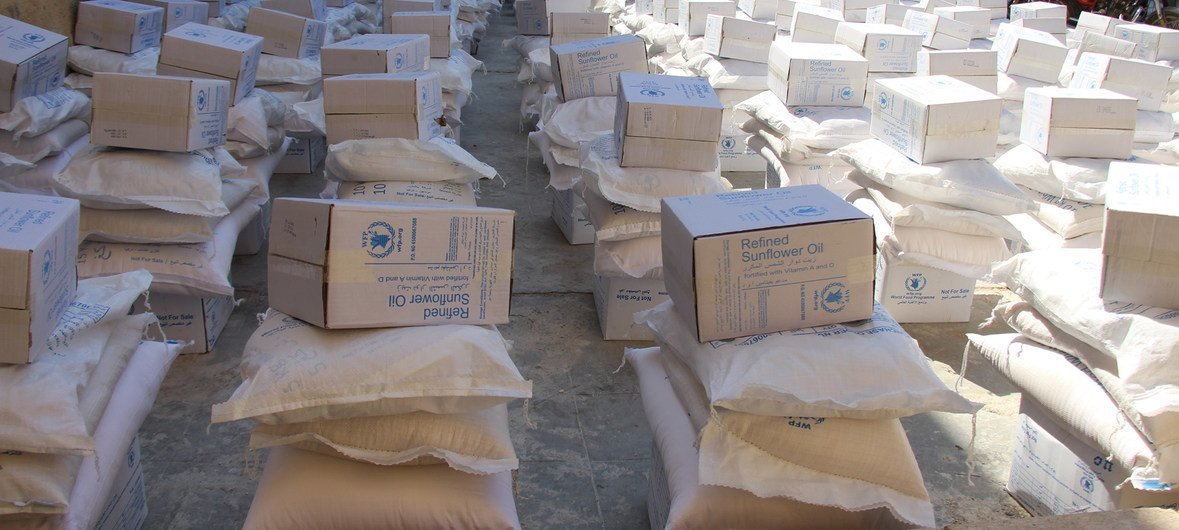 Bolsas de harina y raciones entregadas por el Programa Mundial de Alimentos en Siria.