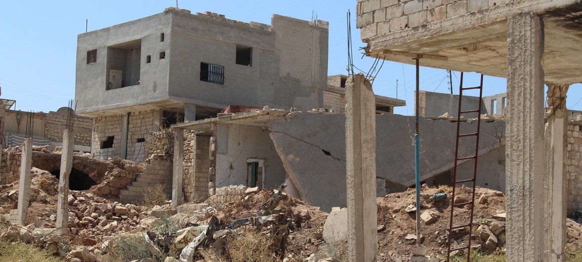 Devastation in a neighborhood in Idlib, Syria. September 2018