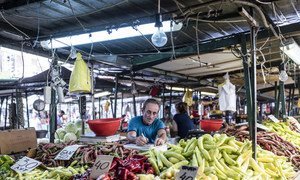 2017年9月，前南斯拉夫马其顿共和国首都斯科普里的一家蔬果集市。
