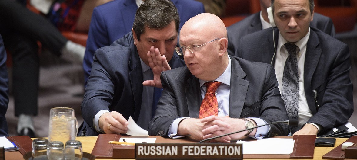 Vassily Nebenzia (foreground), Permanent Representative of the Russian Federation to the UN and Vladimir K. Safronkov (left), Deputy Permanent Representative of the Russian Federation to the UN, at the Security Council meeting on 17 September 2018.