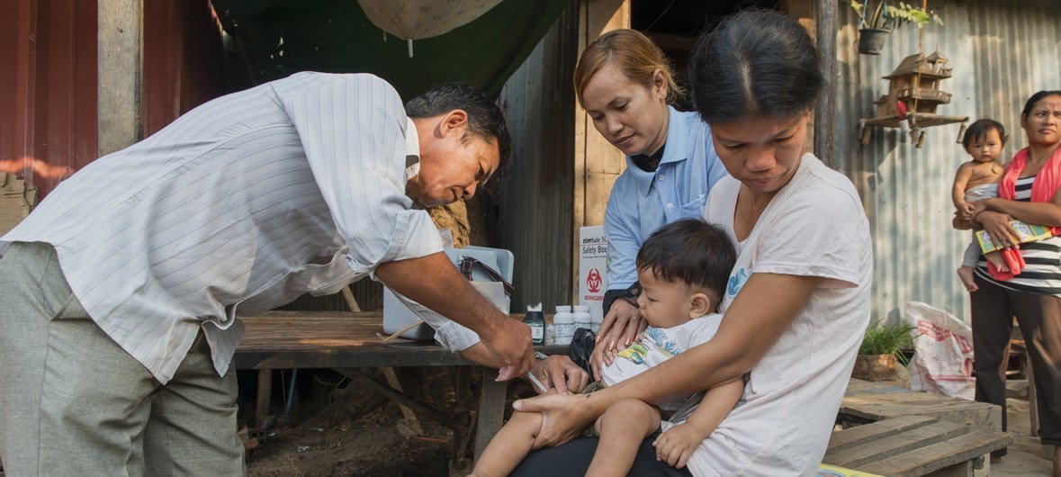 A child is vaccinated against TB and other diseases in  Phnom Penh, Cambodia, in March 2017.