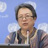 Victoria Tauli-Corpuz, Special Rapporteur on the rights of indigenous peoples, at a press briefing on indigenous peoples' collective rights to lands, territories and natural resources on 16 April 2018, at UN Headquarters in New York.