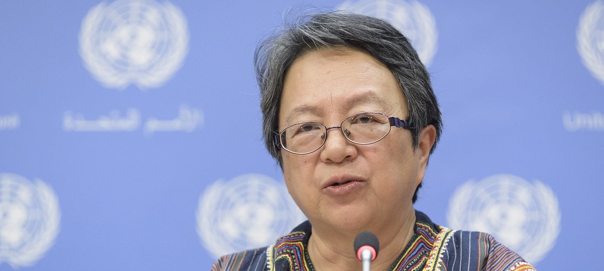 Victoria Tauli-Corpuz, Special Rapporteur on the rights of indigenous peoples, at a press briefing on 16 April 2018, at UN Headquarters in New York.