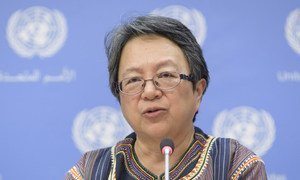 Victoria Tauli-Corpuz, Special Rapporteur on the rights of indigenous peoples, at a press briefing on indigenous peoples' collective rights to lands, territories and natural resources on 16 April 2018, at UN Headquarters in New York.