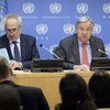 Secretary-General António Guterres (right) briefs press on the occasion of the opening of the seventy-third session of the United Nations General Assembly on 20 September 2018. At left is his Spokesperson Stéphane Dujarric.