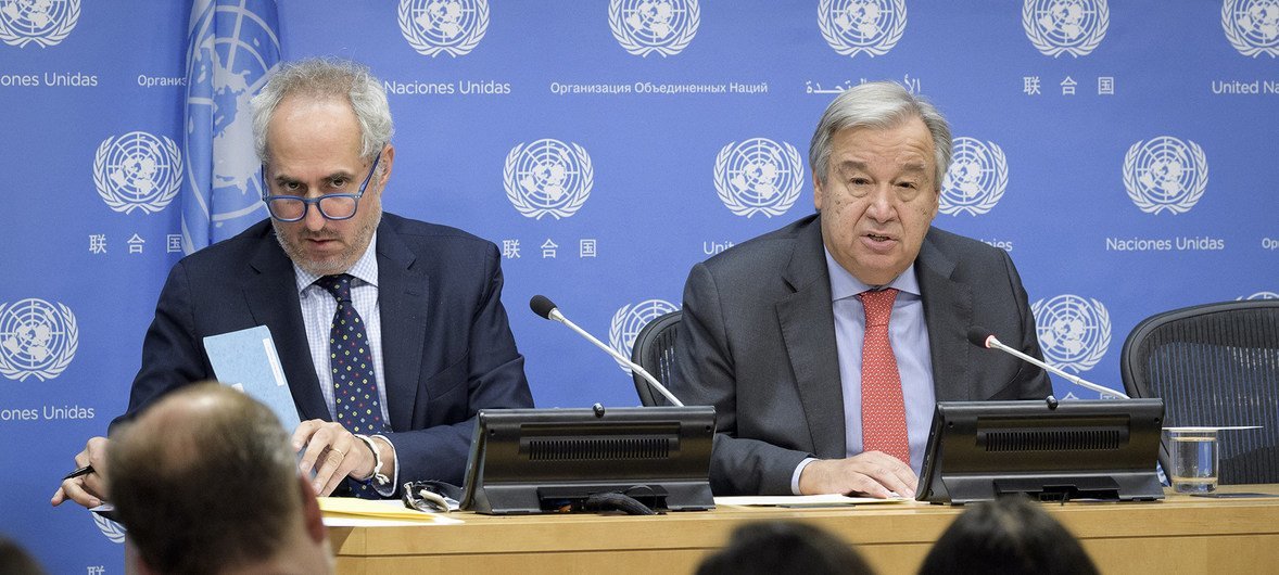 Secretary-General António Guterres (right) briefs press on the occasion of the opening of the seventy-third session of the United Nations General Assembly on 20 September 2018. At left is his Spokesperson Stéphane Dujarric.