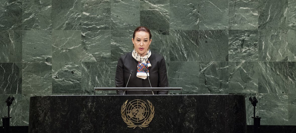 UN General Assembly President María Fernanda Espinosa delivers remarks to the memorial tribute for former UN Secretary-General Kofi Annan at UN Headquarters in New York, 21 September 2018.