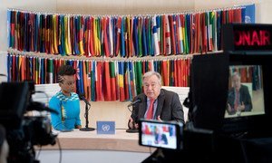 Secretary-General António Guterres (right) participates in a Facebook Live session moderated by Femi Oke, television presenter and journalist.