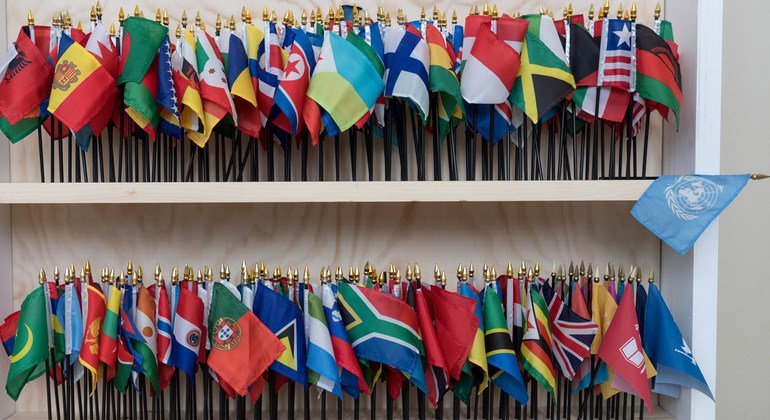 Miniature flags of United Nations member states on display at the VIP Social Media Zone at UN Headquarters.