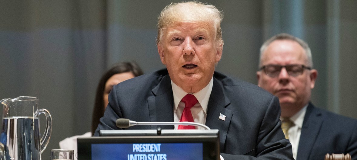US President Donald Tump presents his Global Call to Action on the World Drug Problem during the high-level event on countering narcotics at UN Headquarters.