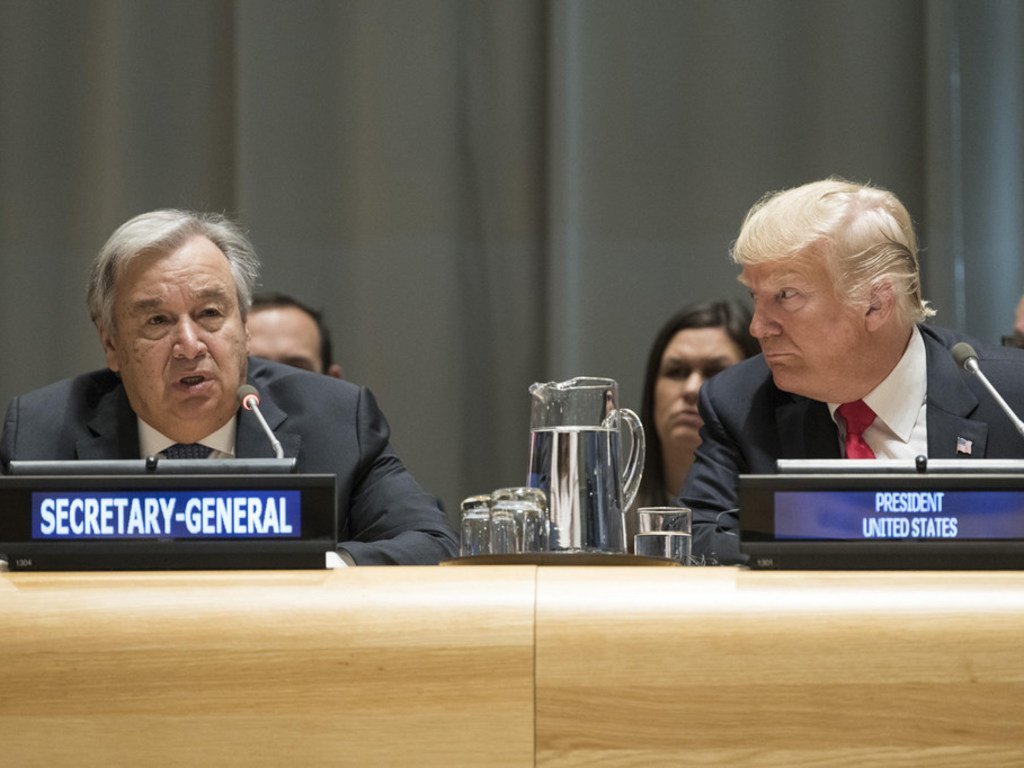 Secretary-General António Guterres (left) and US President Donald Trump (right) at a High-level Event on Counter Narcotics, convened by the United States, at UN Headquarters in New York, on 24 September 2018.