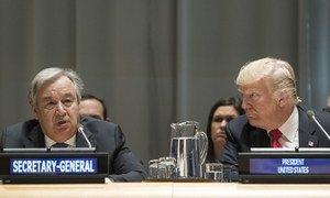 Secretary-General António Guterres (left) and US President Donald Trump (right) at a High-level Event on Counter Narcotics, convened by the United States, at UN Headquarters in New York, on 24 September 2018.
