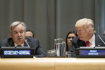 Secretary-General António Guterres (left) and US President Donald Trump (right) at a High-level Event on Counter Narcotics, convened by the United States, at UN Headquarters in New York, on 24 September 2018.