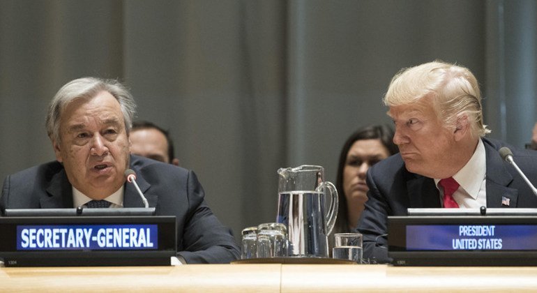 Secretary-General António Guterres (left) and US President Donald Trump (right) at a High-level Event on Counter Narcotics, convened by the United States, at UN Headquarters in New York, on 24 September 2018.