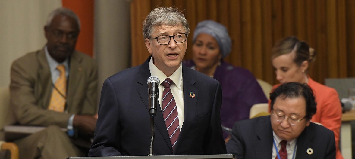 Bill Gates speaking at the High-Level Meeting on Financing the 2030 Agenda for Sustainable Development, at UN Headquarters in New York, on 24 September 2018.
