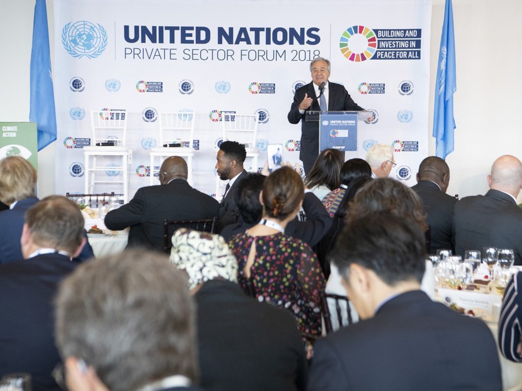 Le Secrétaire général de l'ONU, António Guterres, s'exprimant au Forum des Nations Unies sur le secteur privé, au siège des Nations Unies à New York, le 24 septembre 2018.