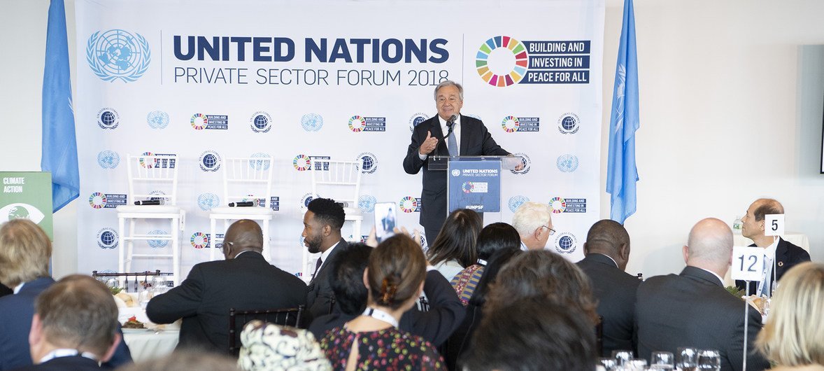 Secretary-General António Guterres speaking at the United Nations Private Sector Forum 2018, at UN Headquarters in New York, on 24 September 2018.
