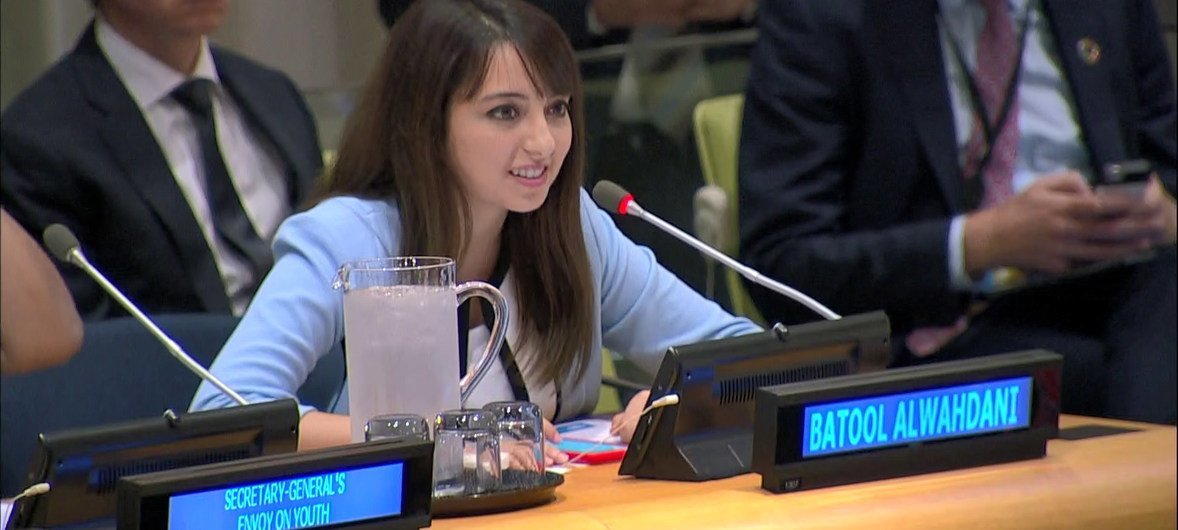 Batool Al-Wahdani, a young Jordanian doctor representing the world's youth, spoke at the launch of the Youth 2030 Strategy, at the Headquarters in New York. 24 September 2018.