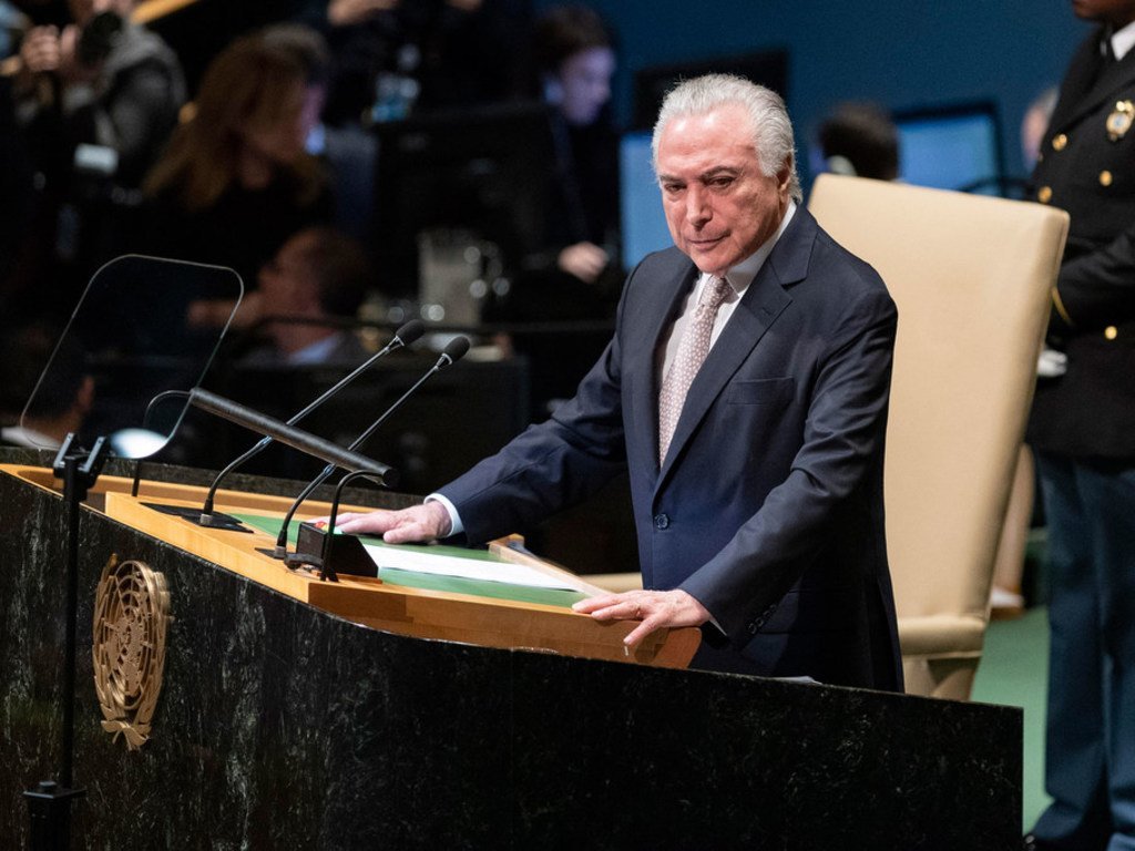 巴西总统特梅尔在第73届联合国大会高级别一般性辩论上发表讲话。