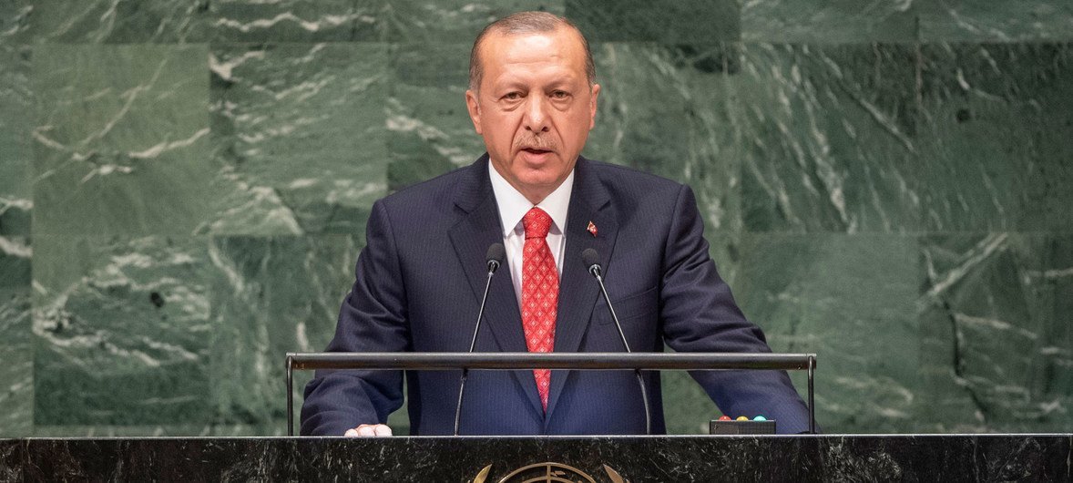 الرئيس التركي رجب طيب أردوغان خلال حديثه أمام مداولات الجمعية العامة.