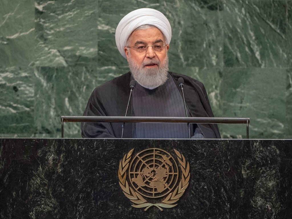 伊朗总统鲁哈尼在第73届联合国大会高级别一般性辩论上发表讲话。