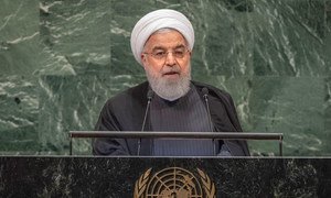 Le Président iranien Hassan Rouhani devant l'Assemblée générale des Nations Unies.