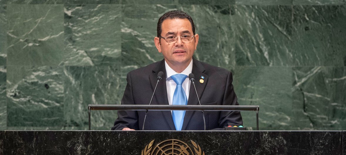 El presidente de Guatemala, Jimmy Morales, durante su intervención en el 73º periodo de sesiones de la Asamblea General de la ONU 