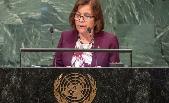 President Hilda Heine of the Republic of the Marshall Islands addresses the seventy-third session of the United Nations General Assembly.