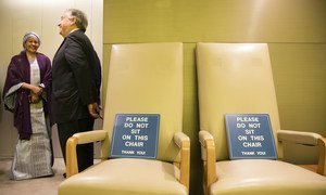Deputy Secretary-General Amina Mohammed, (l) and António Guterres, UN Secretary-General in GA 200, where speakers wait before addressing the General Assembly. (24 September 2018)