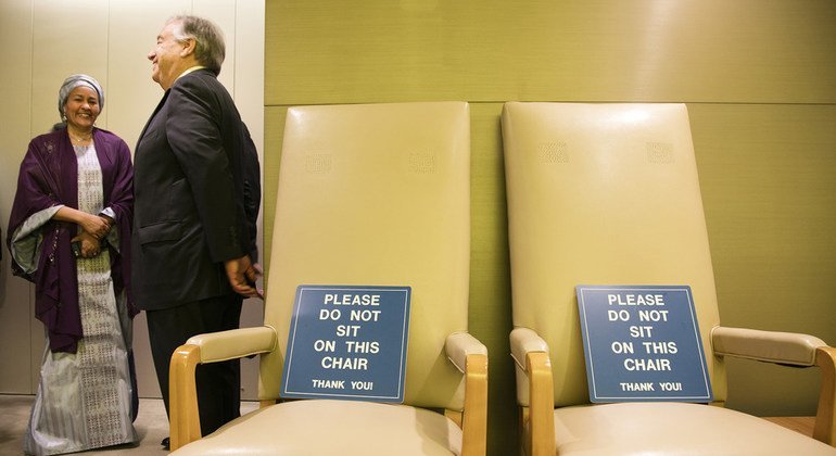 Deputy Secretary-General Amina Mohammed, (l) and António Guterres, UN Secretary-General in GA 200, where speakers wait before addressing the General Assembly. (24 September 2018)