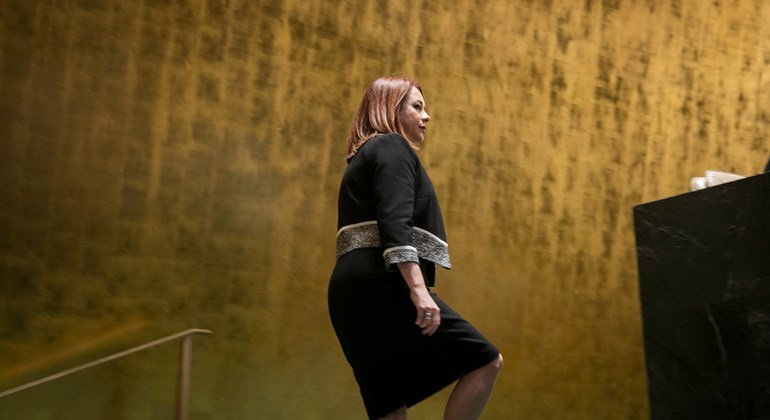 María Fernanda Espinosa, President of the 73rd session of the General Assembly ascends the podium of the assembly hall.