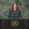 ماريا فرناندا إسبينوزا رئيسة الدورة الثالثة والسبعين للجمعية العامة للأمم المتحدة، خلال كلمتها في افتتاح مداولات الجمعية العامة.